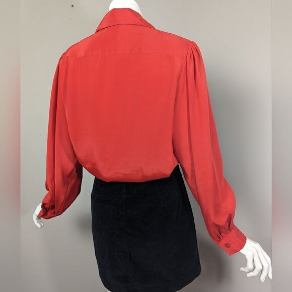 90s satin blouse, Red blouse, Embroidered collar, flowy shirt, pleated front - Picture 7 of 8
